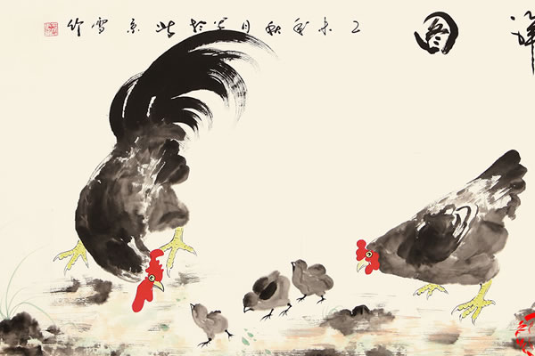 于雪义四尺横幅写意动物画 雄鸡图《